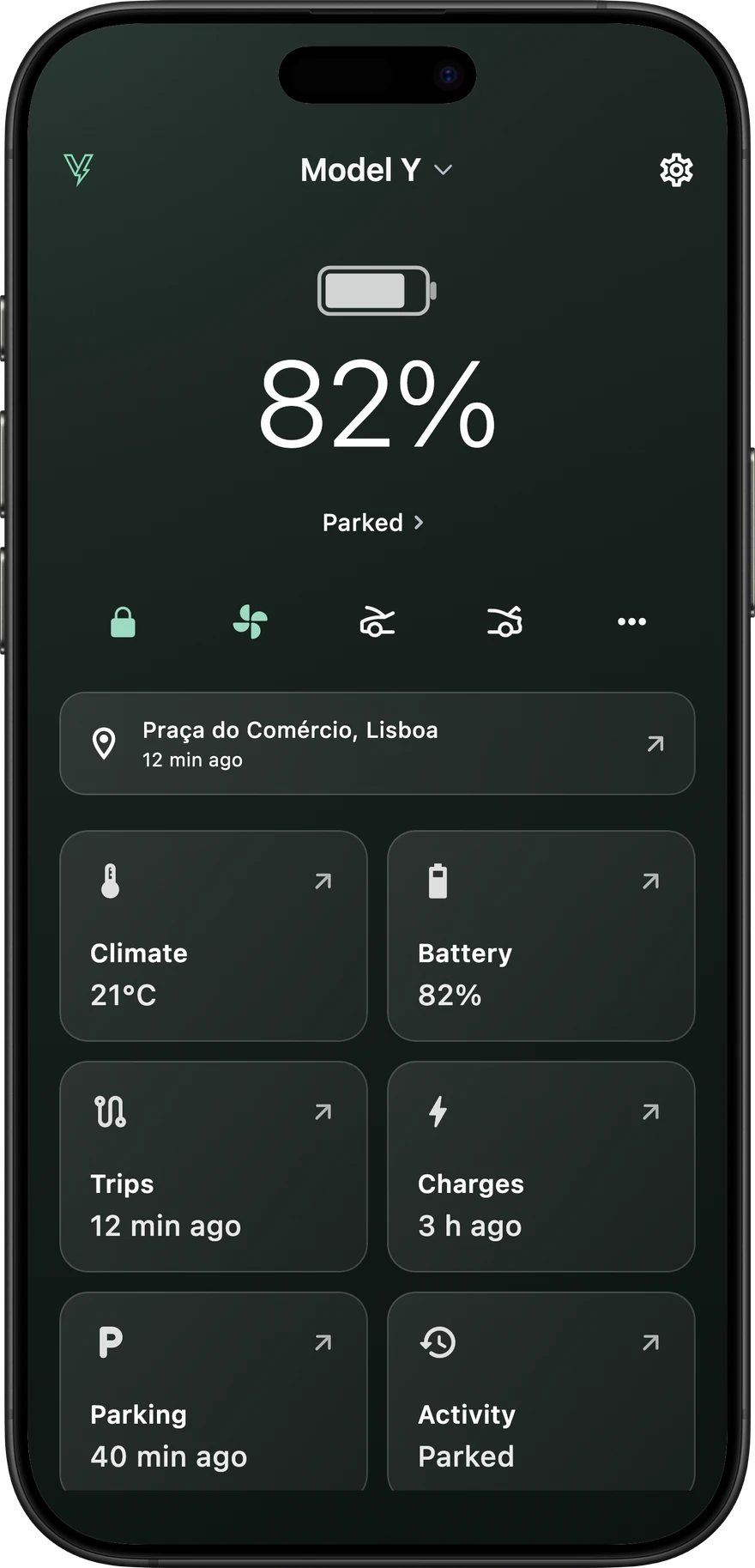 Voltie home screen with battery level, vehicle controls and recent activity