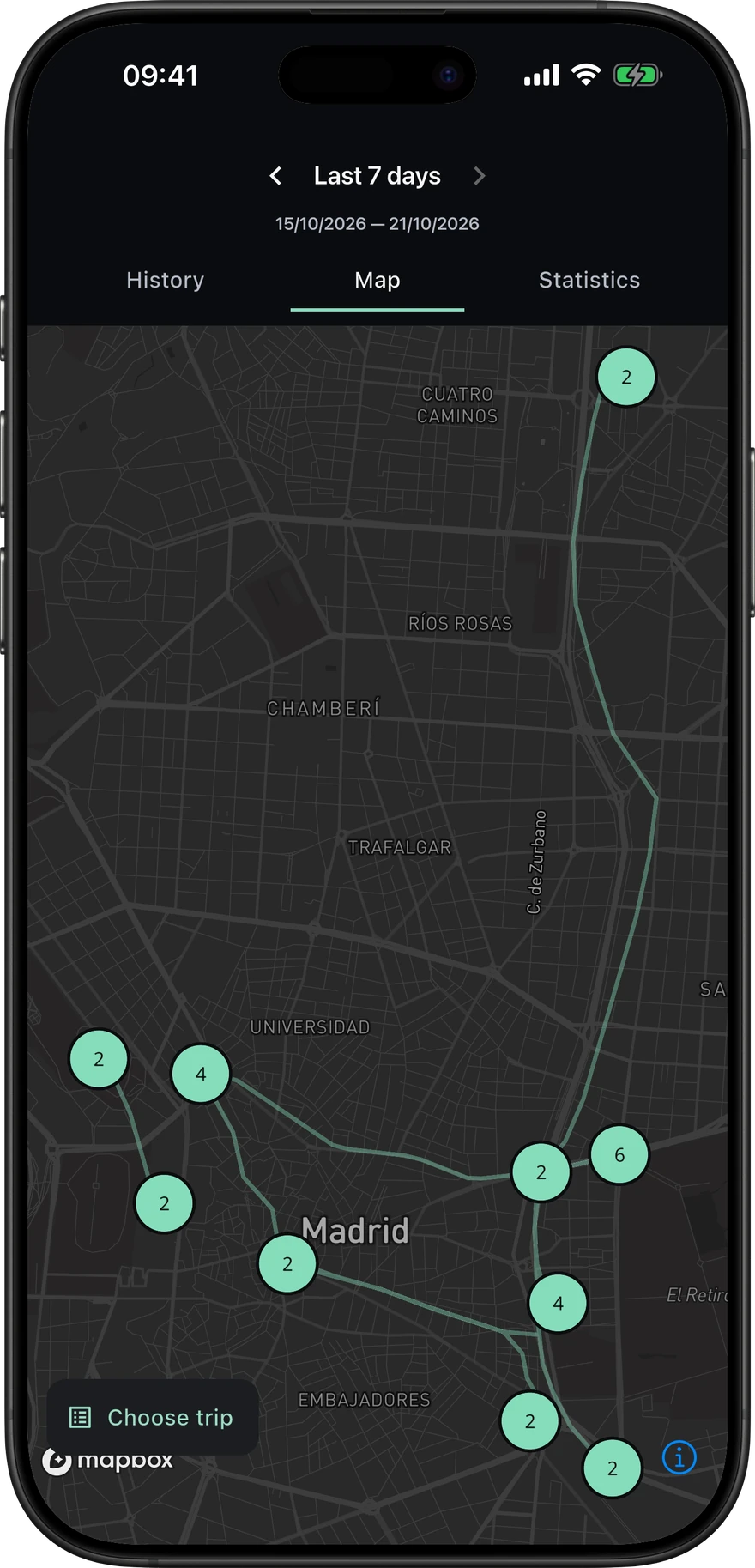 Voltie map overview of the last seven days of trips around Madrid