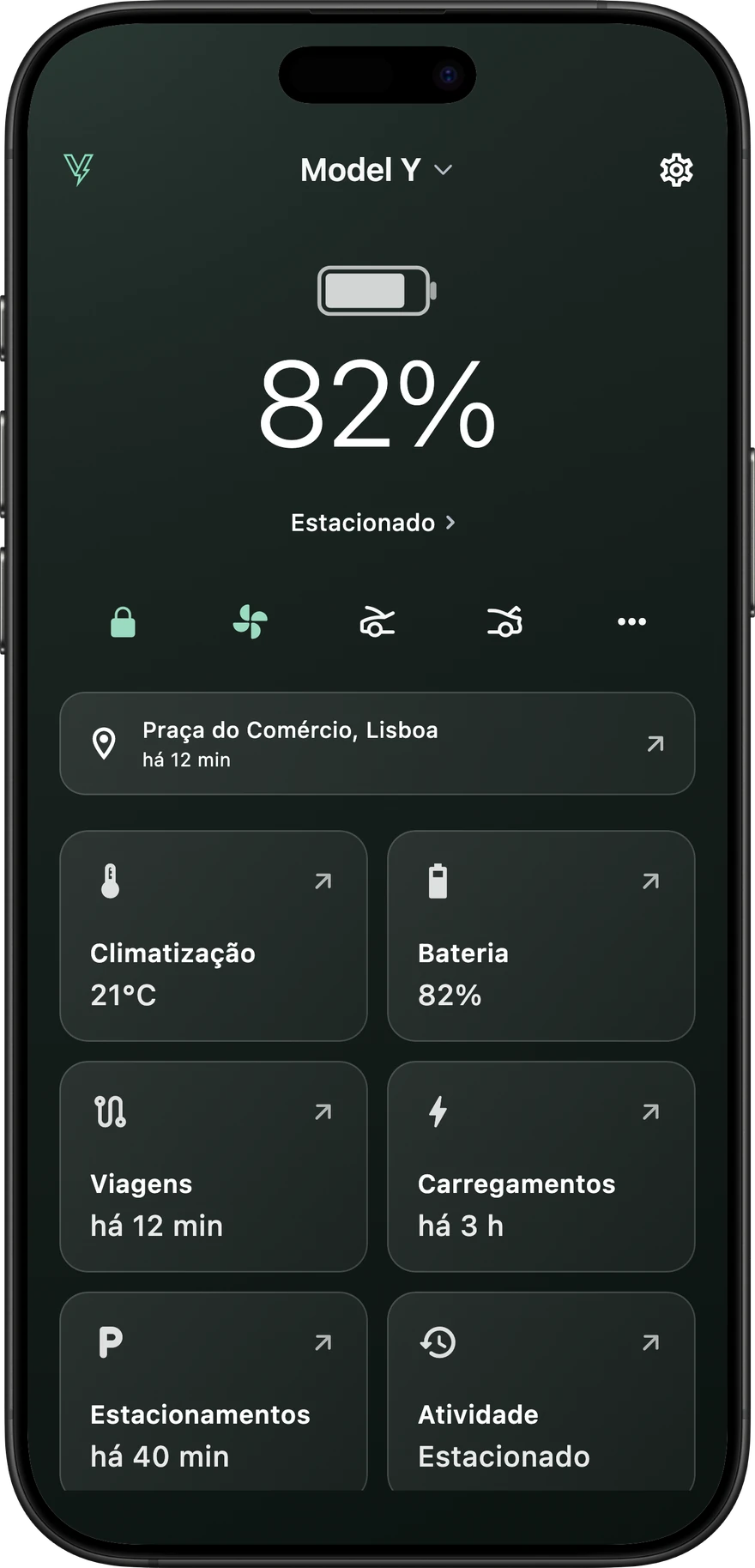 Ecrã inicial da Voltie com bateria, comandos do veículo e atividade recente
